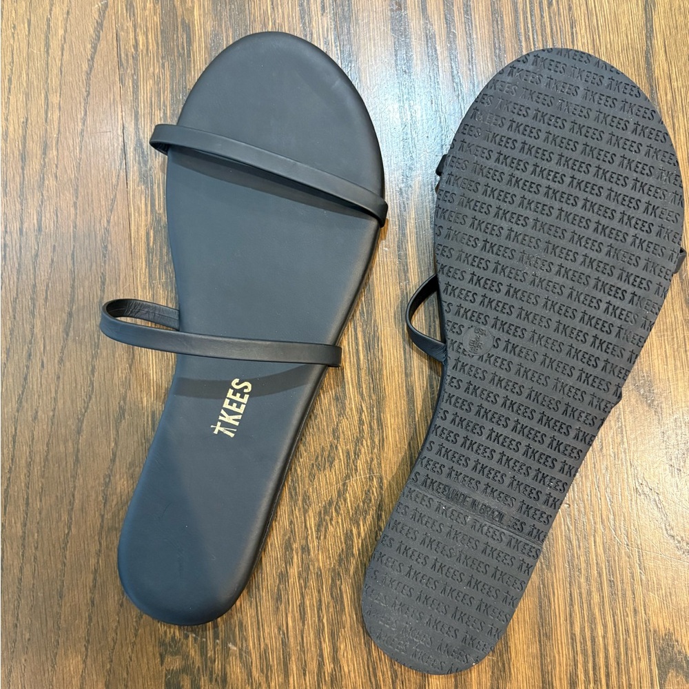 TKEES Gemma Double-Strap Black Leather Slide Sandals - Picture 3 of 4